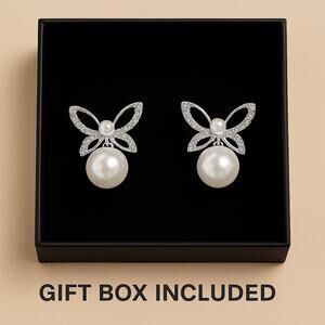 🦋 Butterfly Pearl Drop Earrings — Silver Tone — Gift Box Included